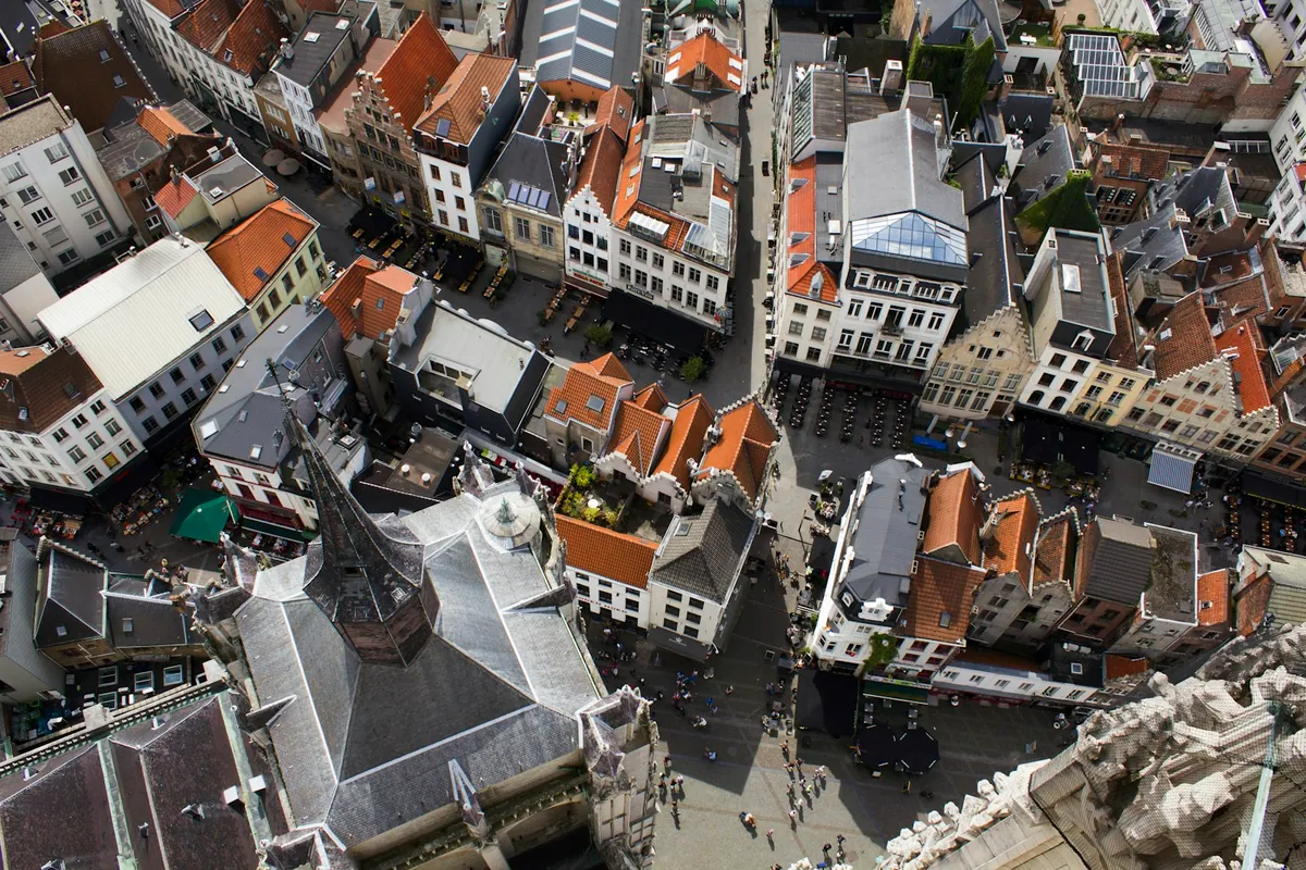 Bruges rooftops seen from above near the cultural quarter