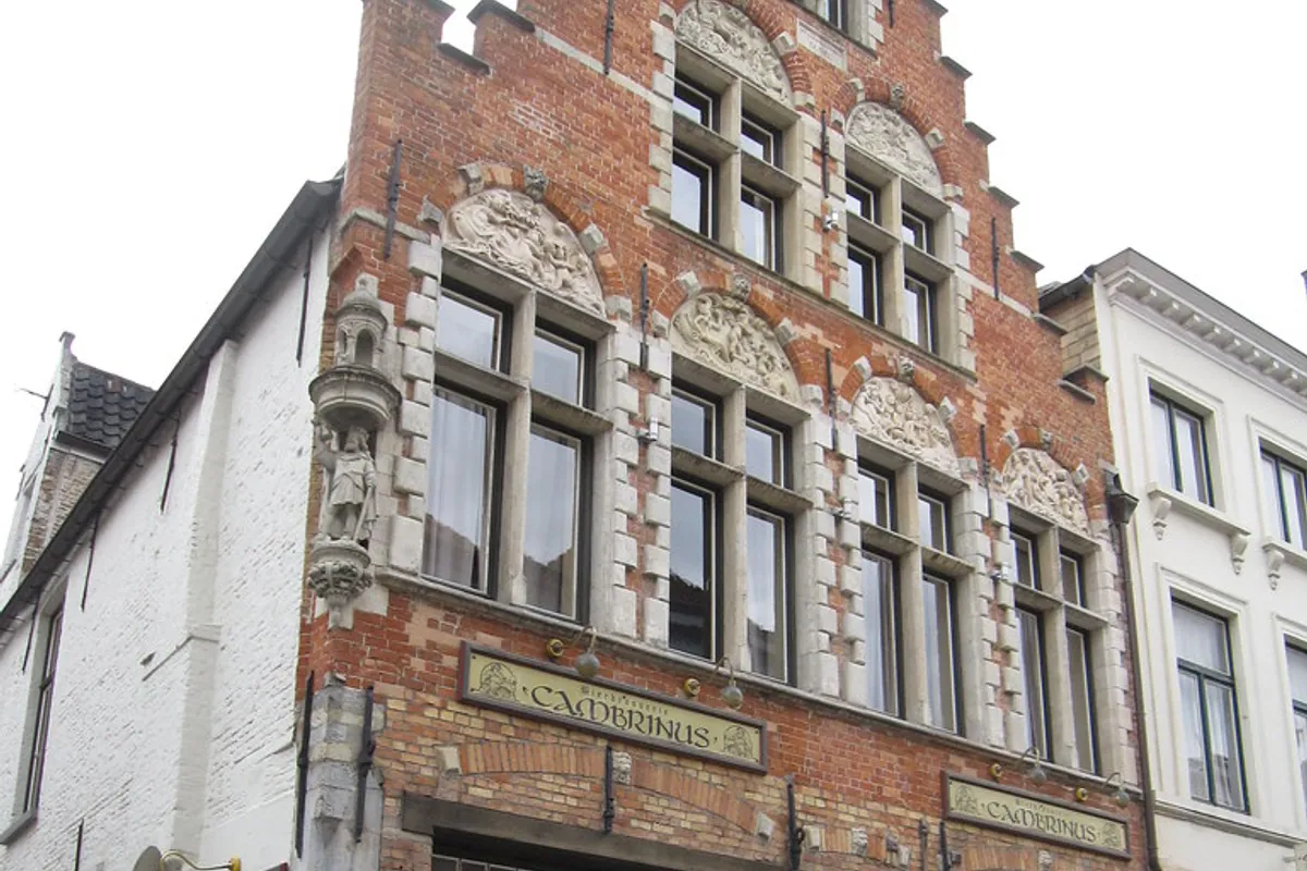 The historic façade of Bierbrasserie Cambrinus in Bruges
