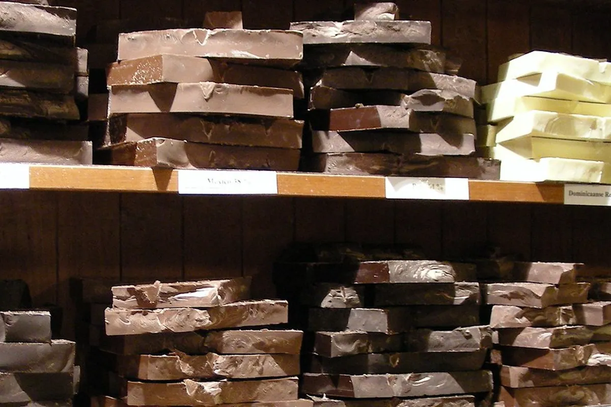 Artisan chocolate blocks in a Bruges chocolate shop