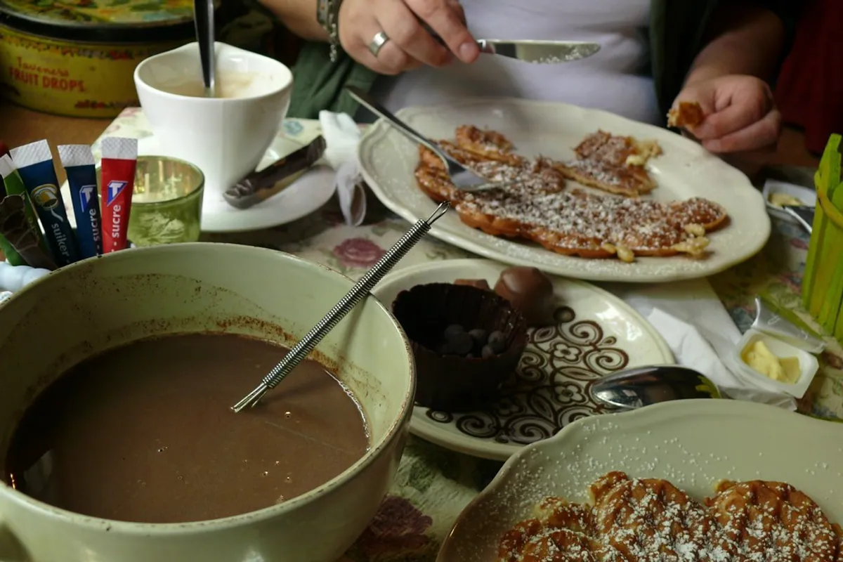 Hot chocolate and waffles at The Old Chocolate House in Bruges